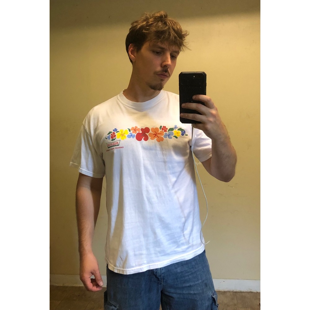 Vtg Krispy Kreme Maui Hawaii T-Shirt Mens Large White Hanes Beefy Surf Floral